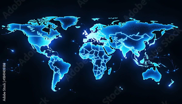 Fototapeta Glowing Blue Digital World Map on Dark Background