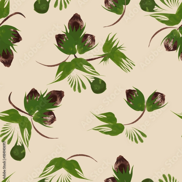 Obraz Floral vector seamless pattern from hand drawn hazelnut leaves and nuts on a beige background