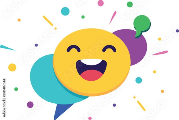 Fototapeta Vector illustration of happy emojis bursting out of a speech bubble for joyful communication