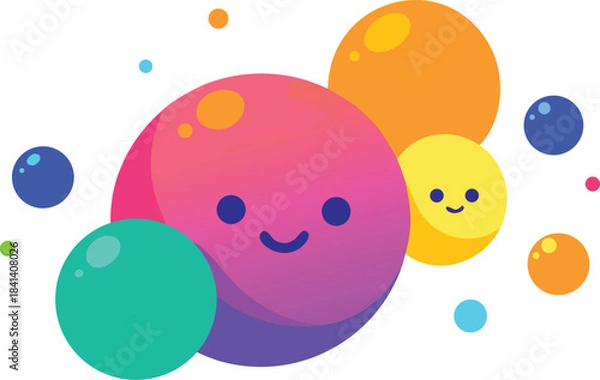 Fototapeta Vibrant minimalist vector illustration of overlapping colorful spheres with cute faces