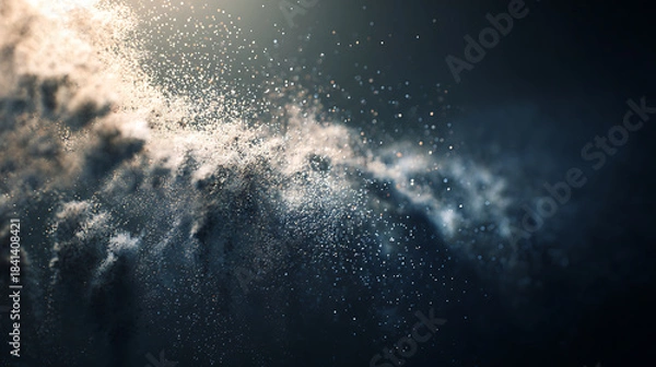 Fototapeta Abstract explosion of dust particles against a dark background with light