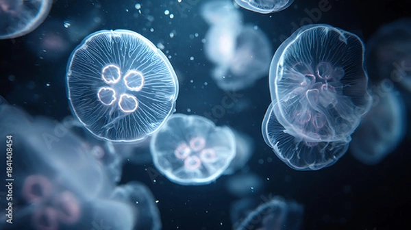 Fototapeta Close up of bioluminescent jellyfish with intricate details in deep ocean