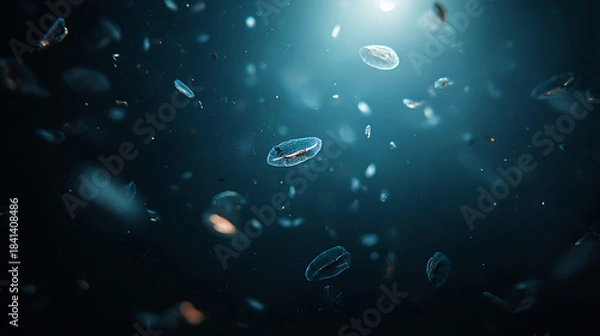 Fototapeta Abstract Underwater Organisms Illuminated by Deep Blue Light Rays