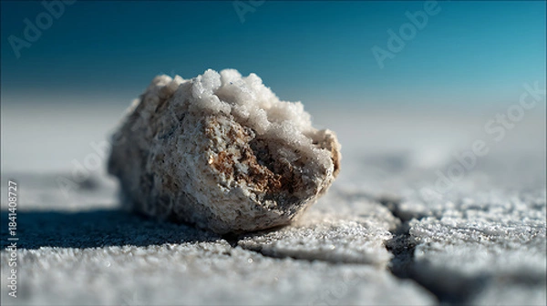 Fototapeta Close up macro shot of a salt crystal cluster on dry cracked earth