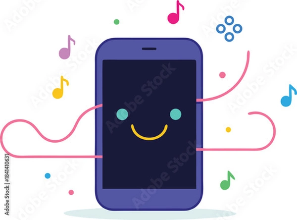 Fototapeta Smart phone music player illustration with glowing interface and musical notes vector art
