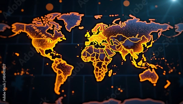 Fototapeta Glowing Digital World Map on Dark Background