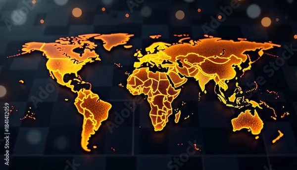 Fototapeta Glowing Digital World Map on Dark Background