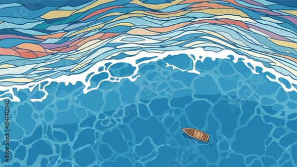 Obraz Abstract Seascape with Single Boat and Colorful Stylized Waves