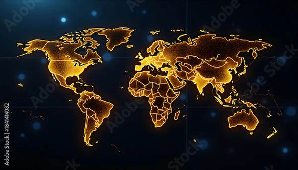 Fototapeta Glowing Digital World Map on Dark Background