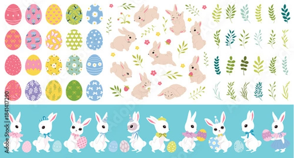 Fototapeta Easter bunnies, color cutie bows, pattern eggs. Spring collection. Sticker design. Set of easter eggs, cute white rabbits. Happy Easter. Greeting cards, birthday decoration, poster art, kids room