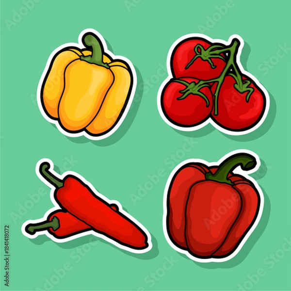Fototapeta Colorful Vegetable Stickers Bell Peppers, Chili Peppers, and Tomatoes