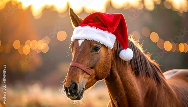 Fototapeta Brown Horse Wearing Santa Hat with Glowing Holiday Lights in Background