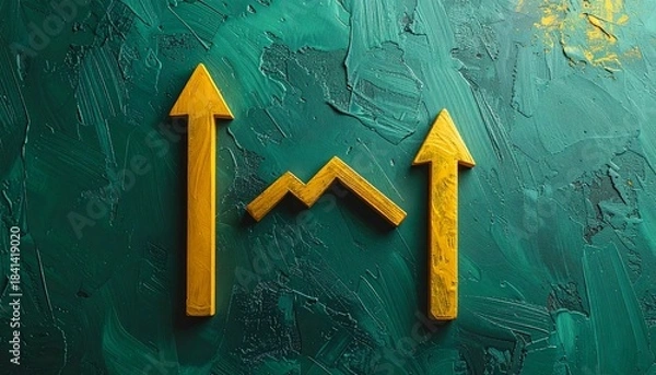 Fototapeta Yellow Upward Arrow on Textured Green Background with Artistic Brush Strokes