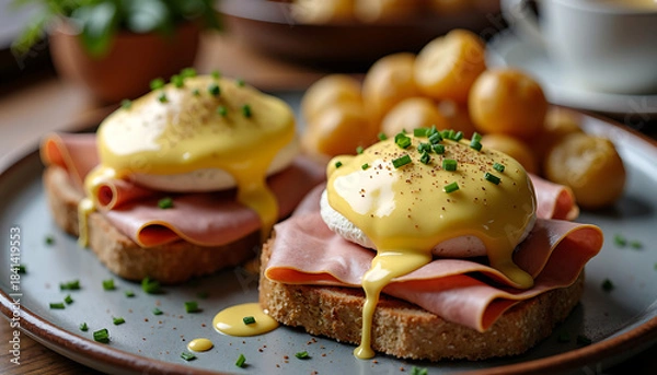 Fototapeta Eggs Benedict Breakfast With Potatoes