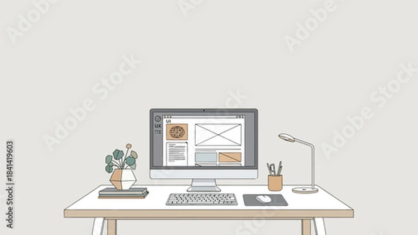 Obraz Minimalist and Modern Home Office Desk Setup with Monitor and Laptop