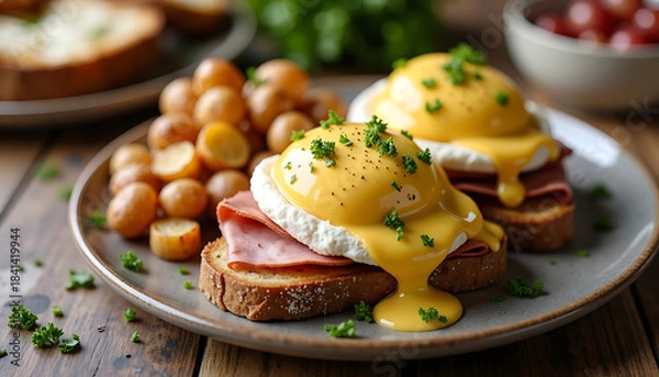 Fototapeta Eggs Benedict Breakfast With Potatoes