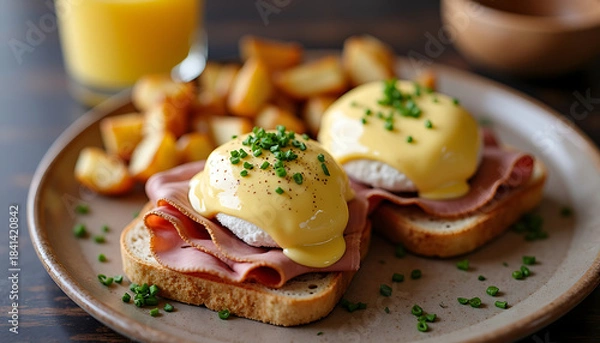 Fototapeta Eggs Benedict Breakfast With Potatoes