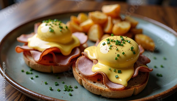 Fototapeta Eggs Benedict Breakfast With Potatoes