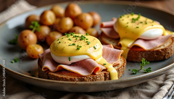 Fototapeta Eggs Benedict Breakfast With Potatoes