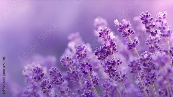 Fototapeta Vibrant close up of purple lavender flowers blooming in a soft focus field with copy space