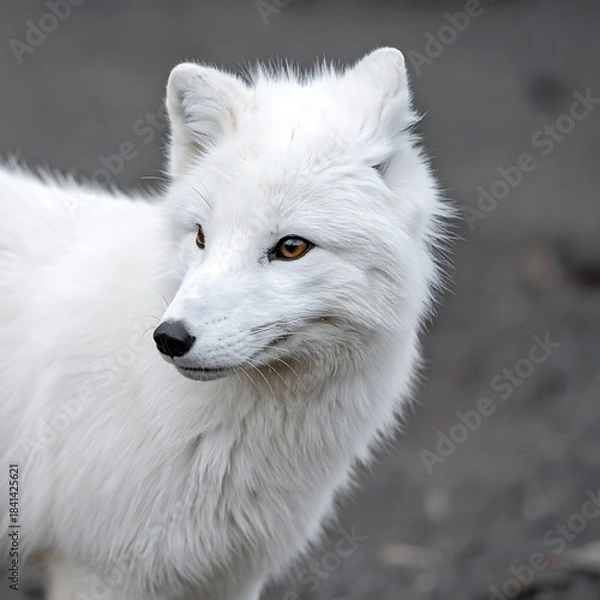 Fototapeta A white, fluffy arctic fox with captivating amber eyes looks to the side, set against a blurred gray backdrop