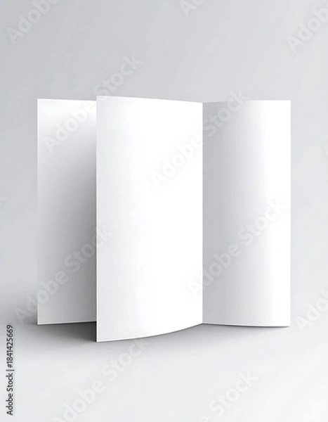 Fototapeta A white, folded, three-paneled brochure stands against a neutral background with soft shadows indicating direction
