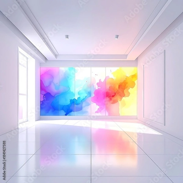 Fototapeta A white, modern room showcases a colorful abstract art display across a wall