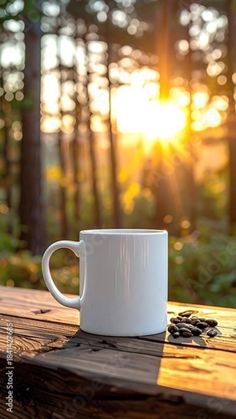 Fototapeta A white mug and coffee beans on a wooden surface, bathed in sunlight in a blurry forest setting