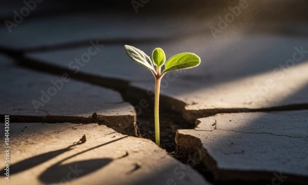 Fototapeta A tiny sprout emerges from cracked earth, bathed in sunlight