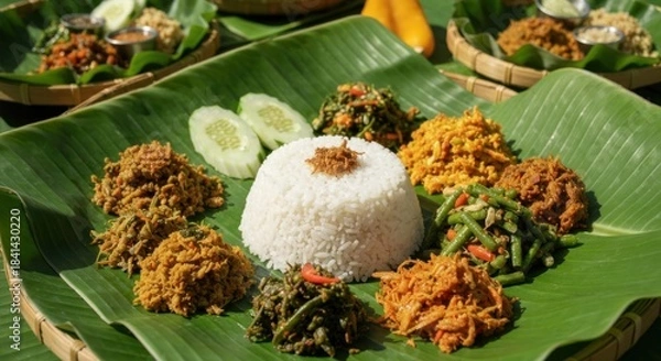 Fototapeta A vibrant array of Indonesian dishes served on banana leaves