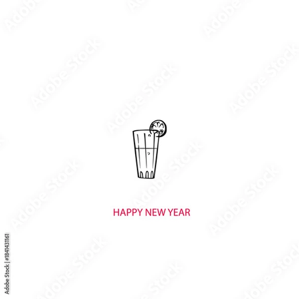 Obraz A minimalist hand-drawn illustration of a refreshing cocktail garnished with a citrus slice, celebrating new year's festivities
