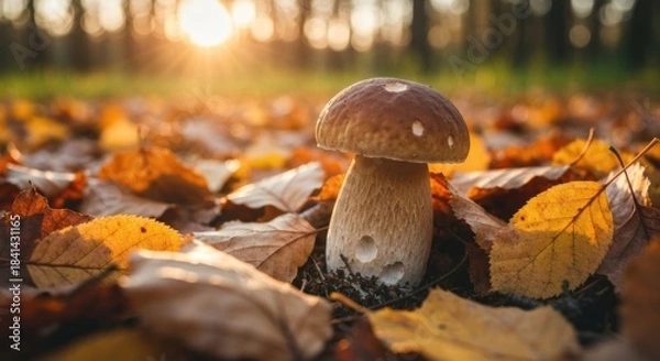 Fototapeta Autumnal mushroom amidst fallen leaves, golden sunlight filtering through trees
