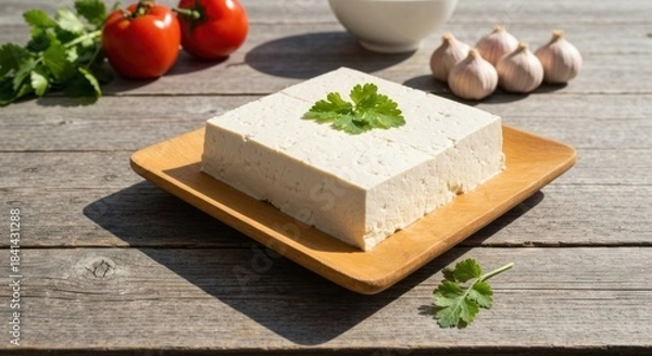 Fototapeta Block of firm tofu on a wooden plate, surrounded by fresh produce