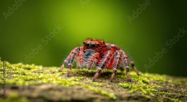 Fototapeta Close-up of a vibrant red and black jumping spider on mossy log
