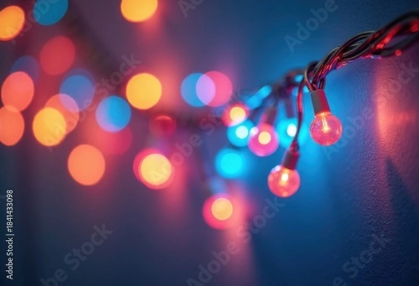 Fototapeta Blue bokeh background with Christmas garland of colorful LED lights, abstract festive poster template
