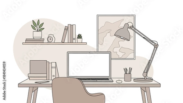 Obraz Minimalist Home Office Workspace with Laptop, Desk Lamp, and Cozy Decor