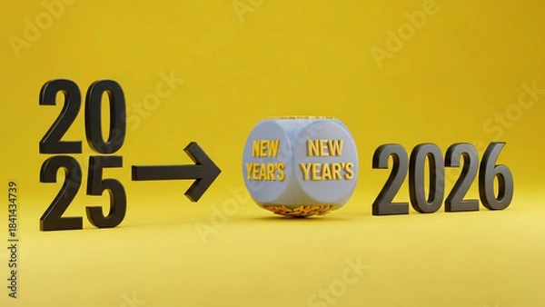 Obraz Conceptual 3D render illustrating the transition from 2025 to 2026 featuring a New Years dice perfect for future planning and calendar-related designs