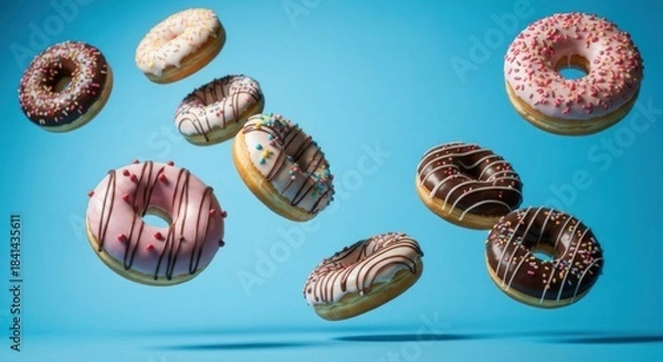 Fototapeta Assorted donuts in mid-air against a light-blue backdrop. Various colors and toppings