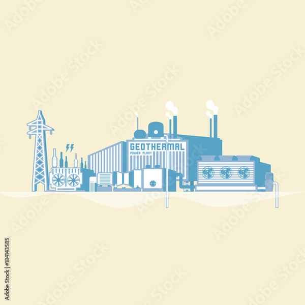 Fototapeta geothermal energy, geothermal power plant with boiler and seam turbine generate the electric in simple graphic