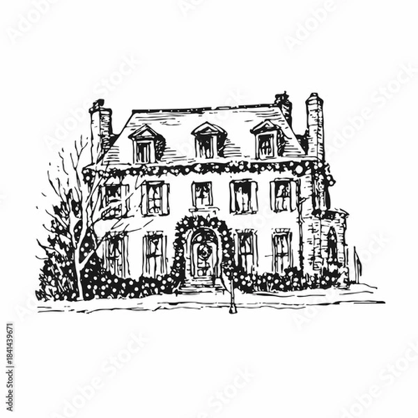 Fototapeta Black and White Ink Drawing of a Historical House Decorated with Garland. Hand-drawn Holiday Building Facade Sketch.