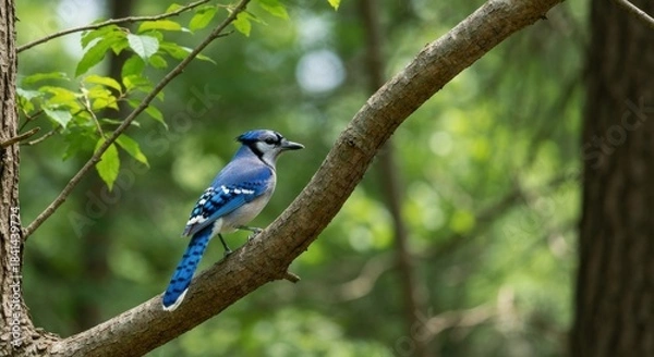 Fototapeta Blue jay perched on a tree branch in a forest