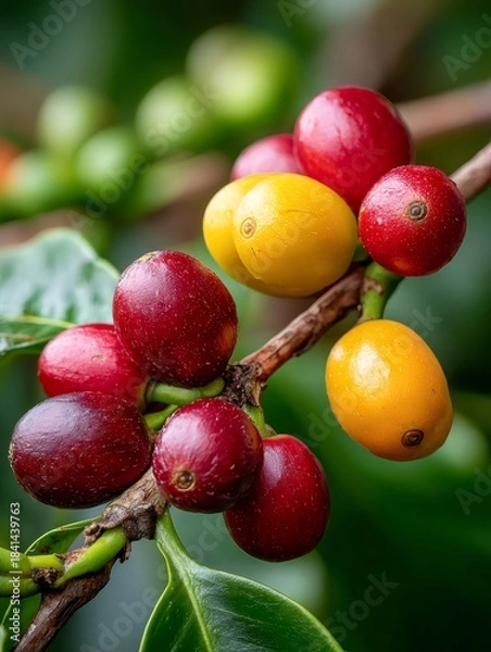 Obraz Ripe and unripe coffee cherries growing on branch
