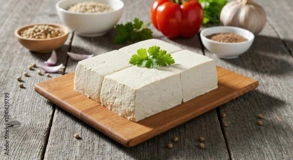 Fototapeta Block of firm tofu on a wooden board, surrounded by ingredients