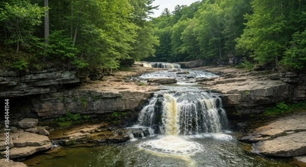 Fototapeta Cascading waterfall in a lush forest setting