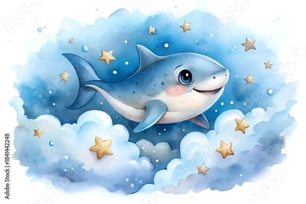Fototapeta Cute baby shark swimming among fluffy clouds and twinkling stars in a whimsical scene
