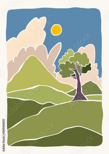 Fototapeta Boho Art Prints Abstract Landscape Poster Gallery Wall Pictures Horizon Sun Paintings on Canvas Decor