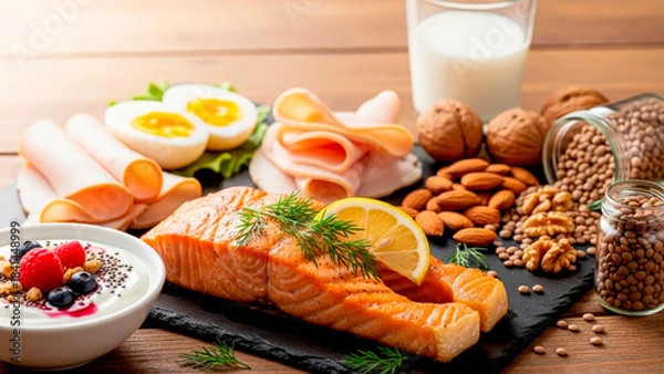 Obraz A set of natural healthy organic products with a high protein content. The concept of healthy dietary nutrition. Weight loss