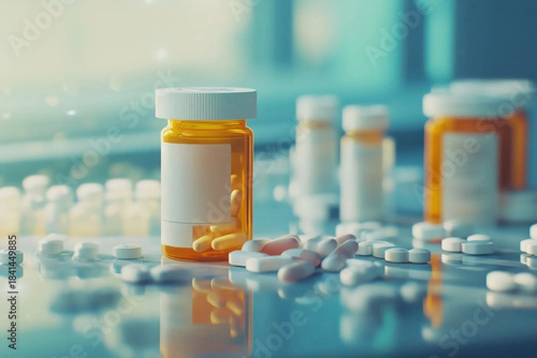 Fototapeta Prescription bottles and pills spilled on a table.Prescription bottles and pills spilled on a table.