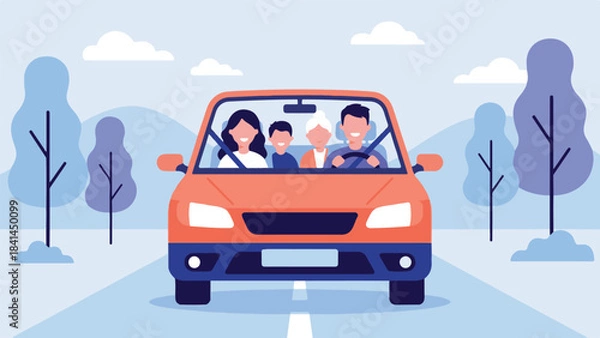 Obraz Happy multi-generational family enjoying a road trip in a car illustration