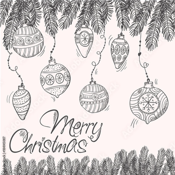 Fototapeta Merry cristmas card with branches and decorations